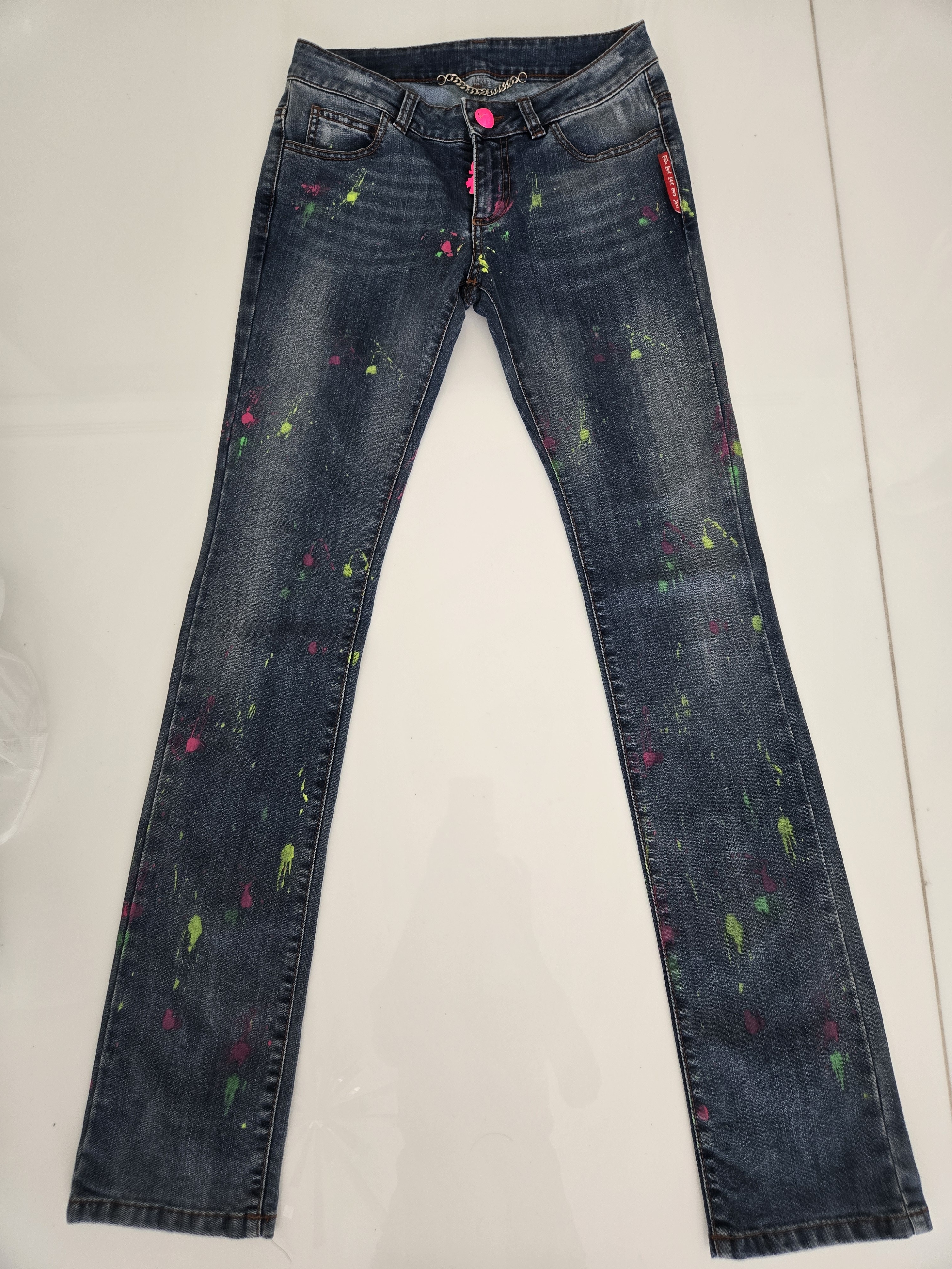 Philipp Plein Dark Blue Straight-Leg Jeans With Neon Paint Splatter, Size M